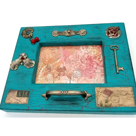 Unique Wooden Junk Art Frame Turquoise Crackle Paint Travel Theme Print Picture - Picture 3 of 8